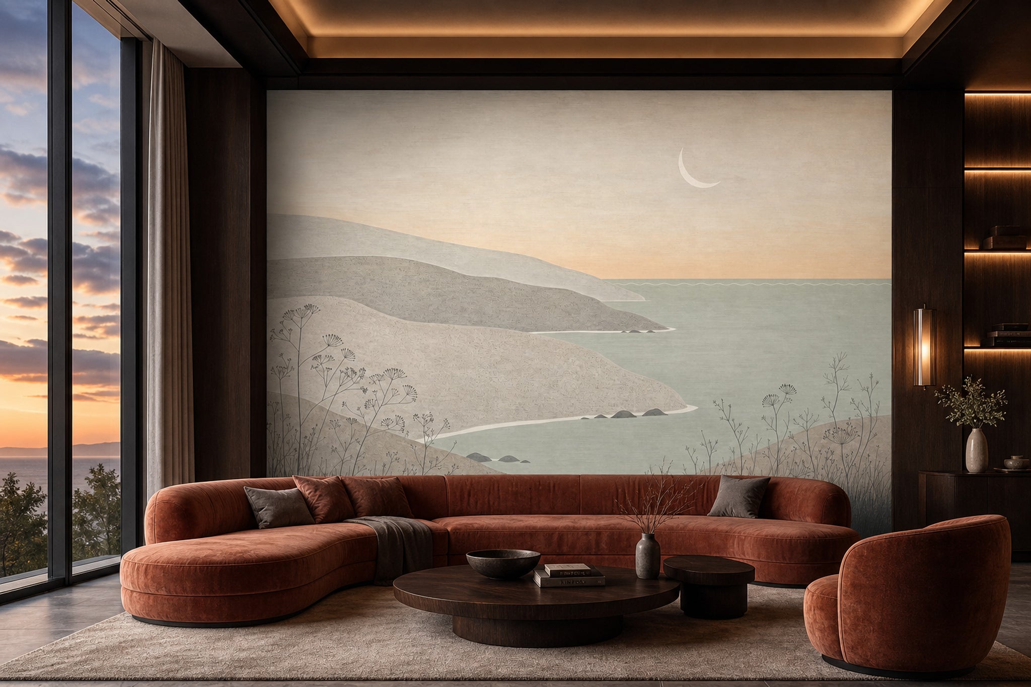 Coastal Landscape Wallpaper Minimalist Seascape Layered Hills Removable Wall Decor