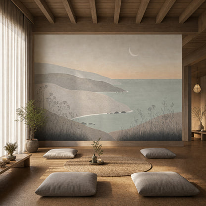 Coastal Landscape Wallpaper Minimalist Seascape Layered Hills Removable Wall Decor