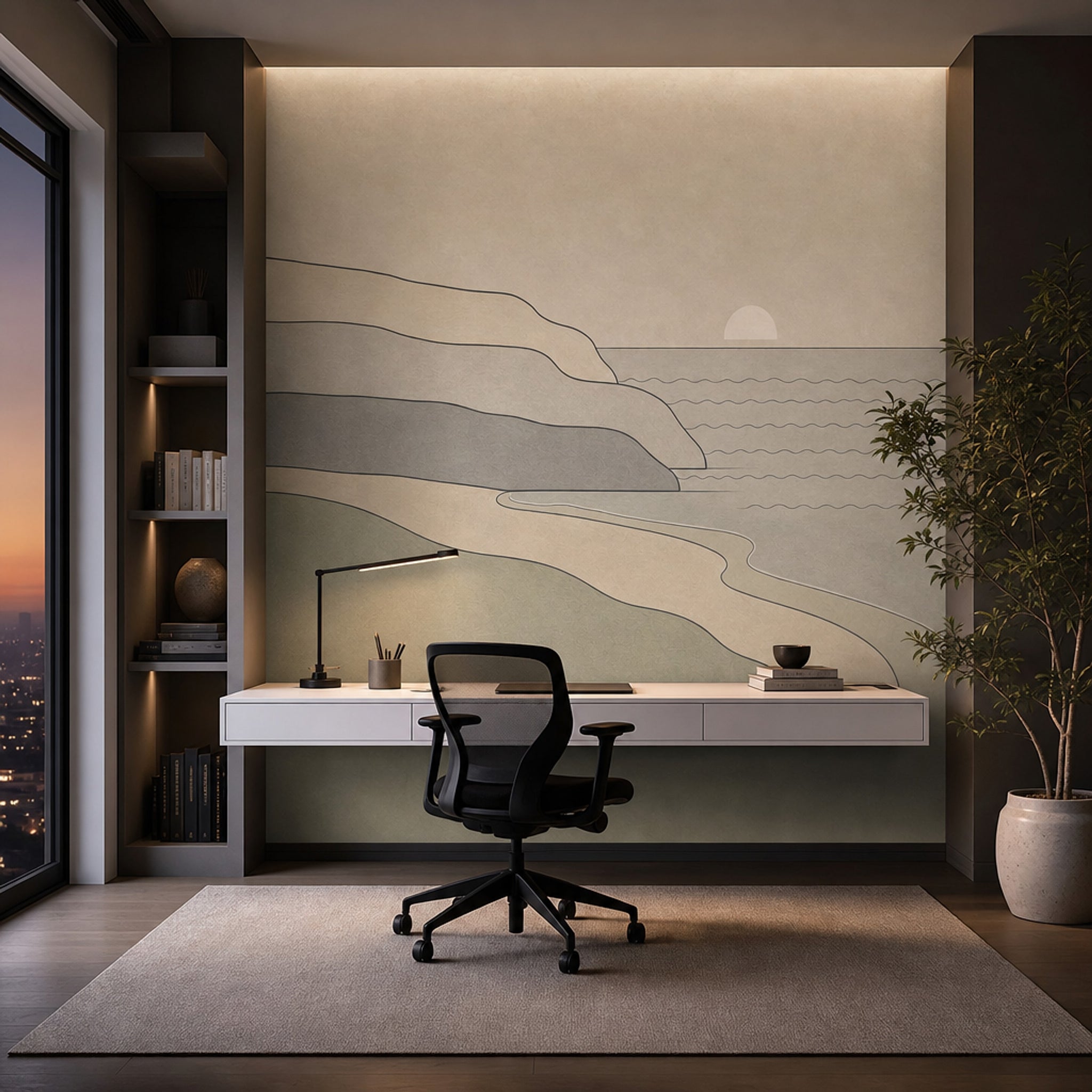 Minimalist Coastal Landscape Wallpaper Abstract Seascape Removable Sun On Horizon Wall Decor