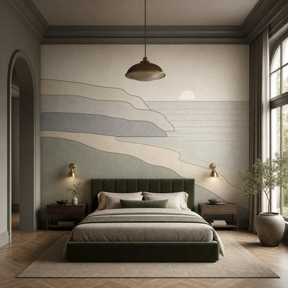 Minimalist Coastal Landscape Wallpaper Abstract Seascape Removable Sun On Horizon Wall Decor