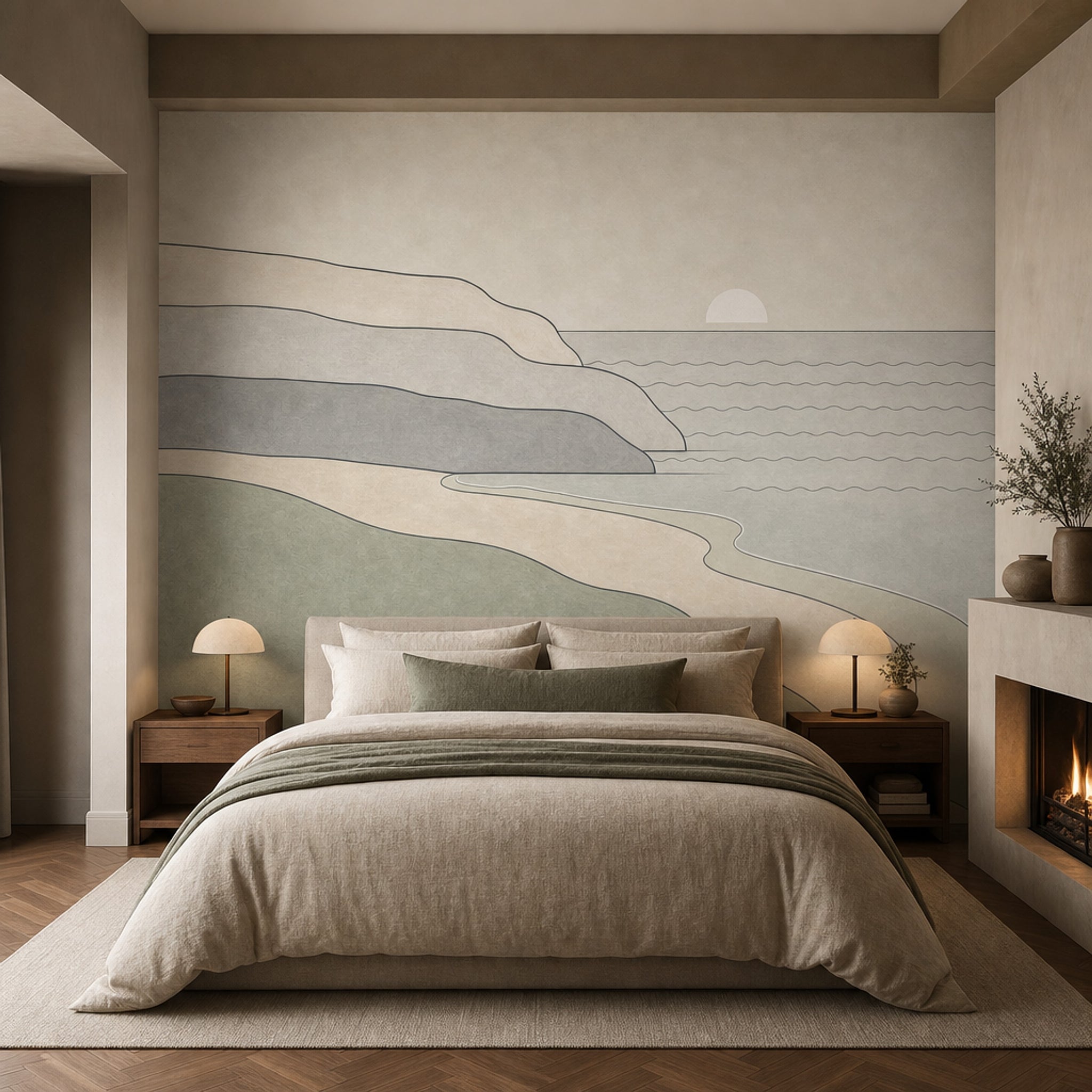 Minimalist Coastal Landscape Wallpaper Abstract Seascape Removable Sun On Horizon Wall Decor