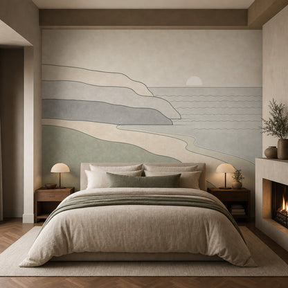 Minimalist Coastal Landscape Wallpaper Abstract Seascape Removable Sun On Horizon Wall Decor