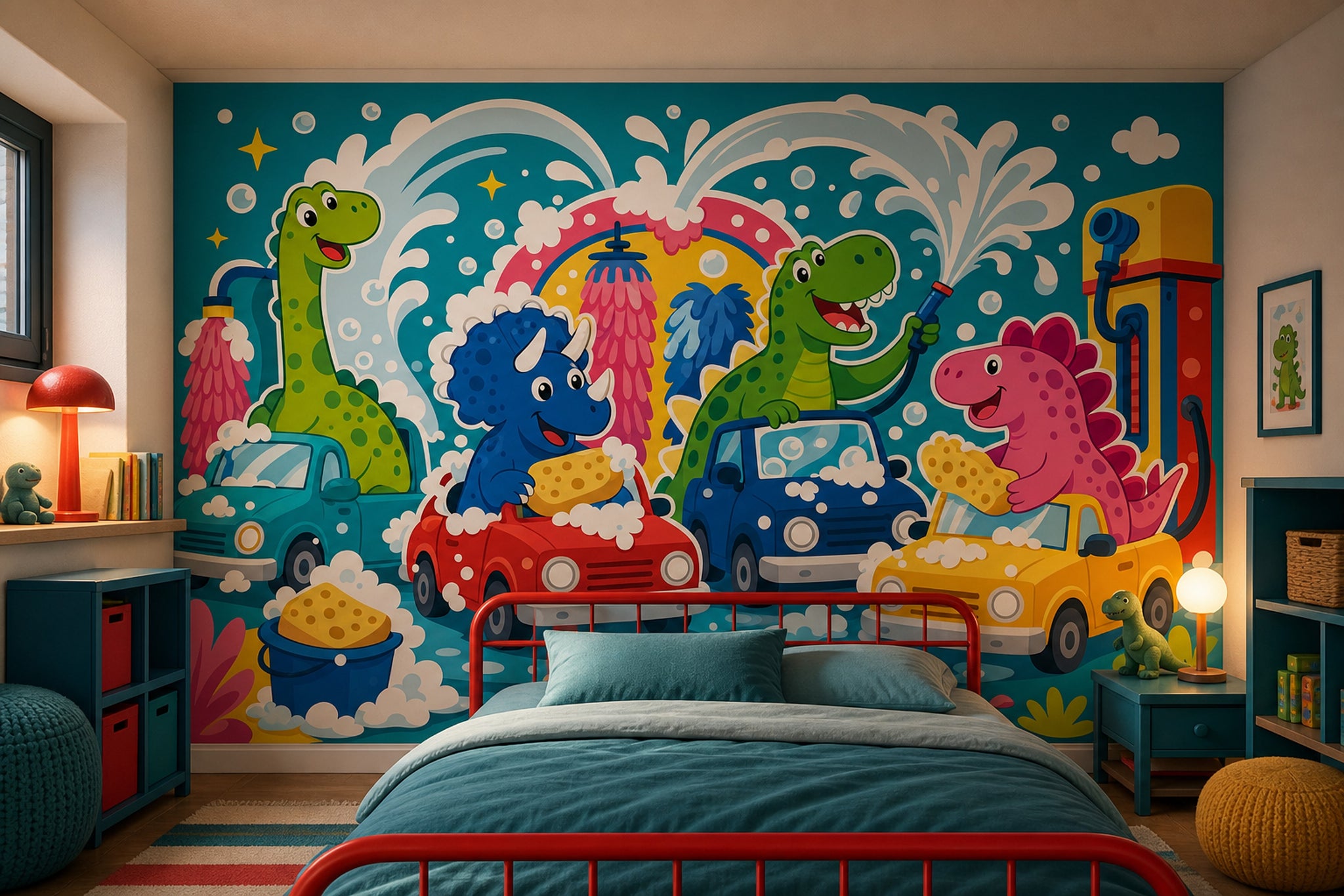 Cartoon Dinosaurs Wallpaper Car Wash Soap Bubbles Removable Wall Decor