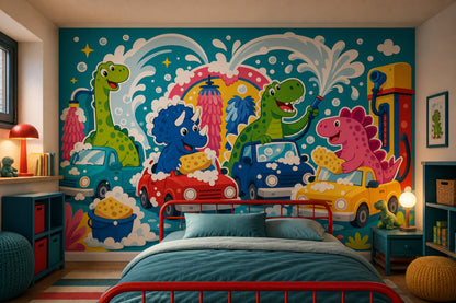 Cartoon Dinosaurs Wallpaper Car Wash Soap Bubbles Removable Wall Decor
