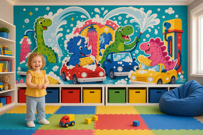 Cartoon Dinosaurs Wallpaper Car Wash Soap Bubbles Removable Wall Decor