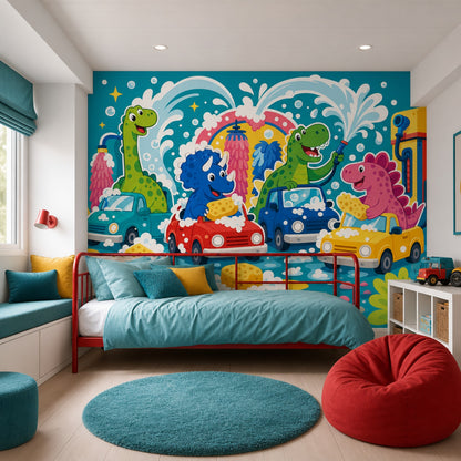 Cartoon Dinosaurs Wallpaper Car Wash Soap Bubbles Removable Wall Decor