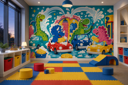 Cartoon Dinosaurs Wallpaper Car Wash Soap Bubbles Removable Wall Decor