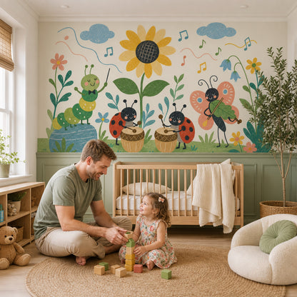 Whimsical Garden Wallpaper Floral Cute Insects Removable Wall Decor