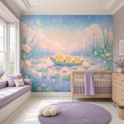 Pastel Watercolor Wallpaper Pond Landscape Removable Sleeping Ducklings Wall Decor