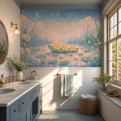 Pastel Watercolor Wallpaper Pond Landscape Removable Sleeping Ducklings Wall Decor
