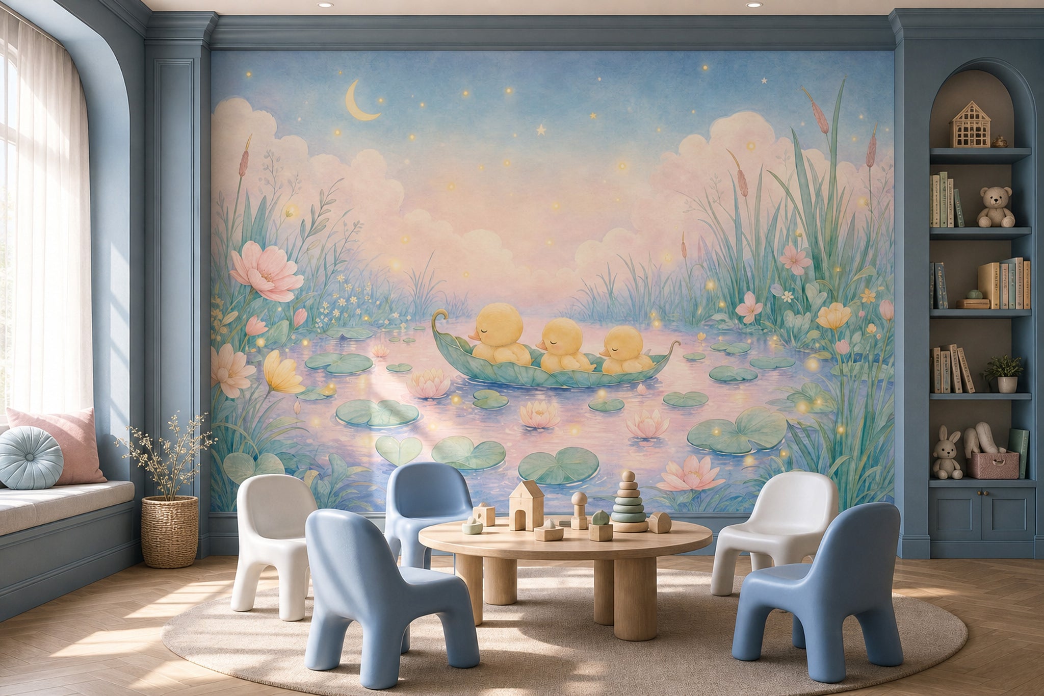 Pastel Watercolor Wallpaper Pond Landscape Removable Sleeping Ducklings Wall Decor