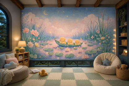 Pastel Watercolor Wallpaper Pond Landscape Removable Sleeping Ducklings Wall Decor