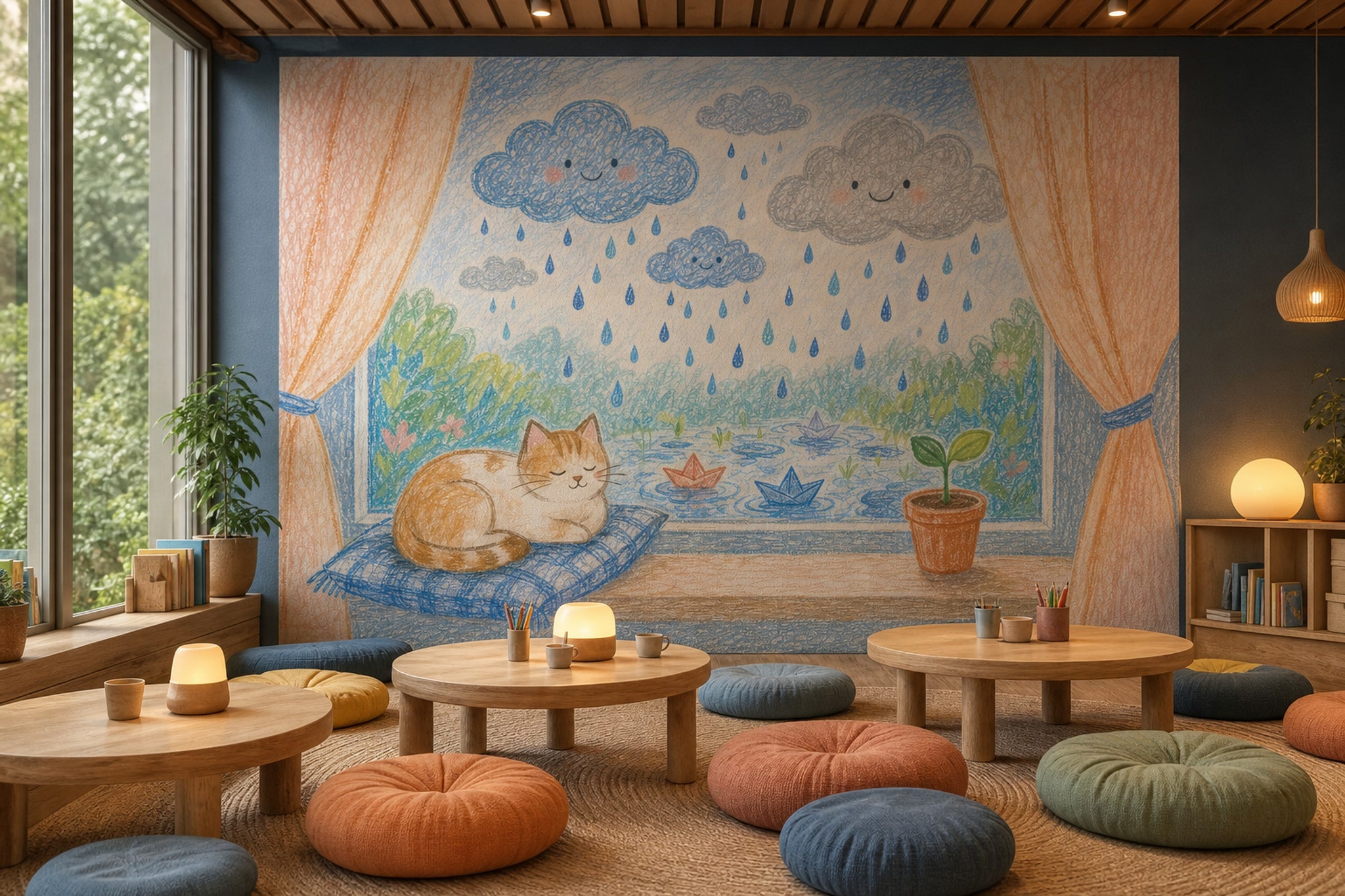 Rainy Day Wallpaper Smiling Clouds Paper Boats Removable Wall Decor