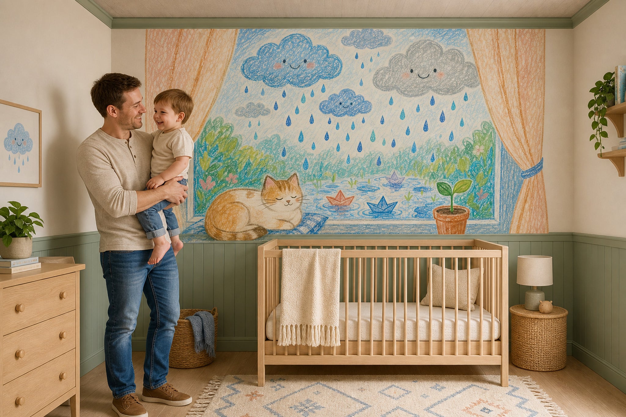 Rainy Day Wallpaper Smiling Clouds Paper Boats Removable Wall Decor