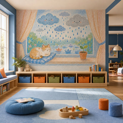 Rainy Day Wallpaper Smiling Clouds Paper Boats Removable Wall Decor