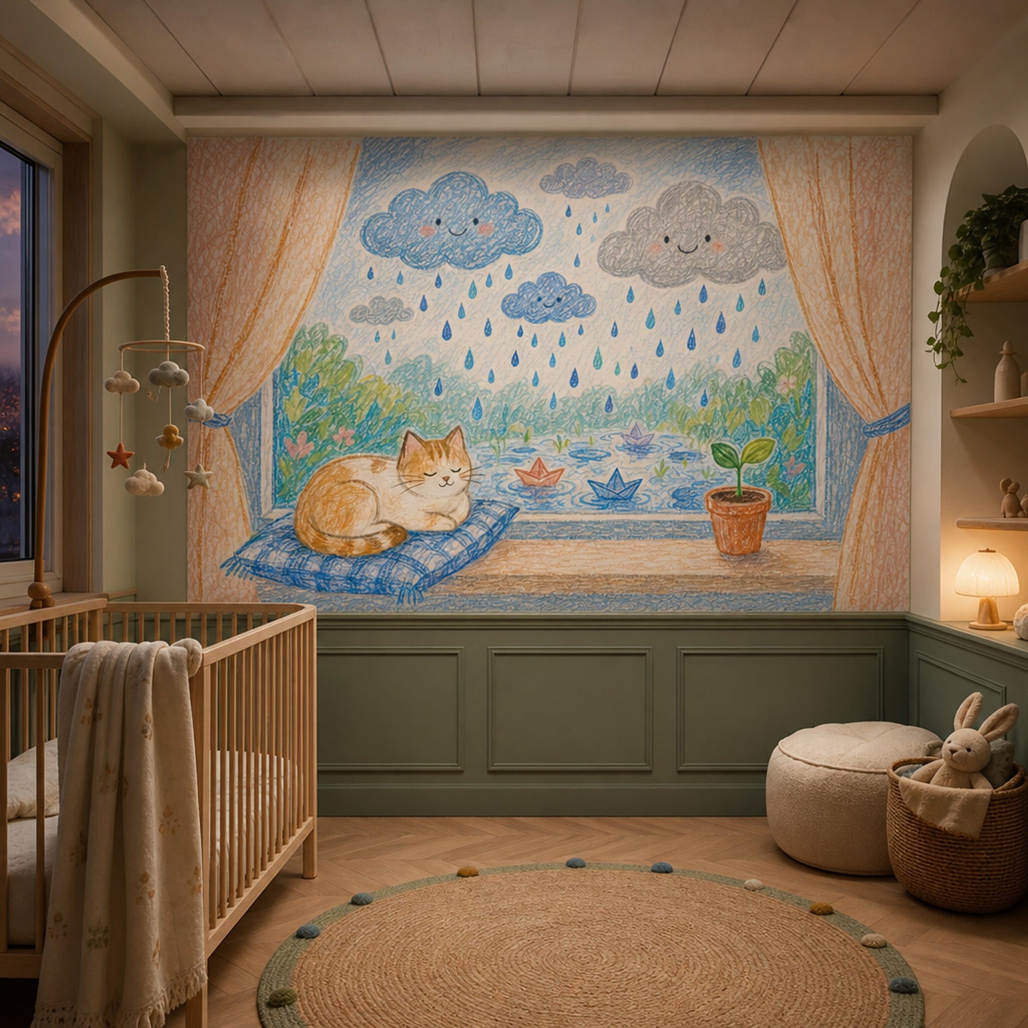 Rainy Day Wallpaper Smiling Clouds Paper Boats Removable Wall Decor