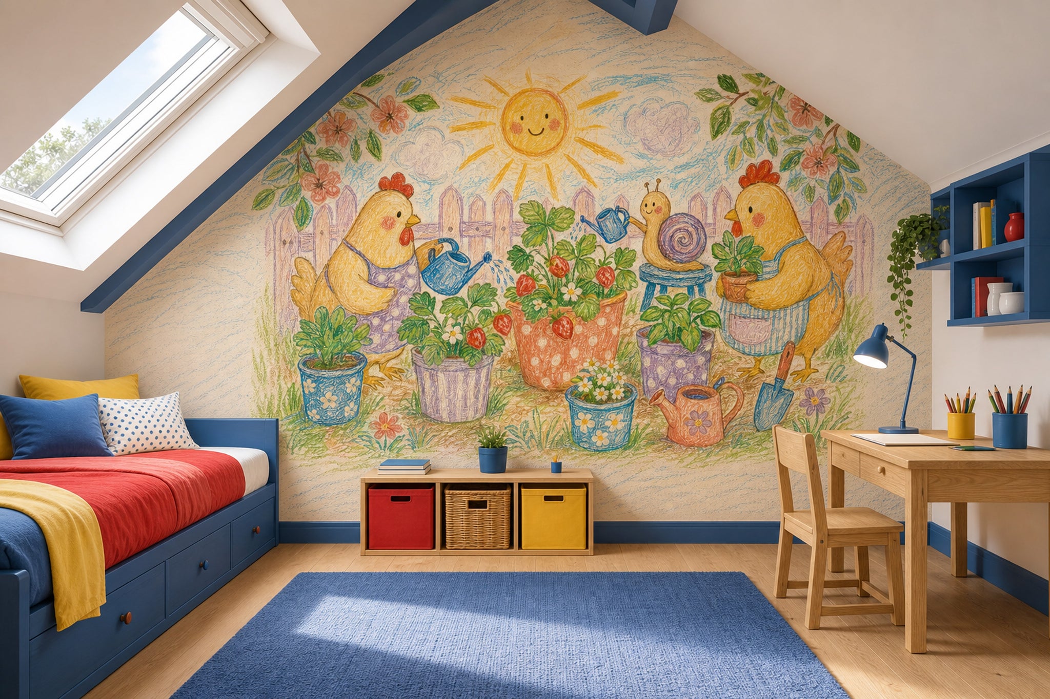 Bright Garden Wallpaper Strawberry Plants Chickens Wall Mural