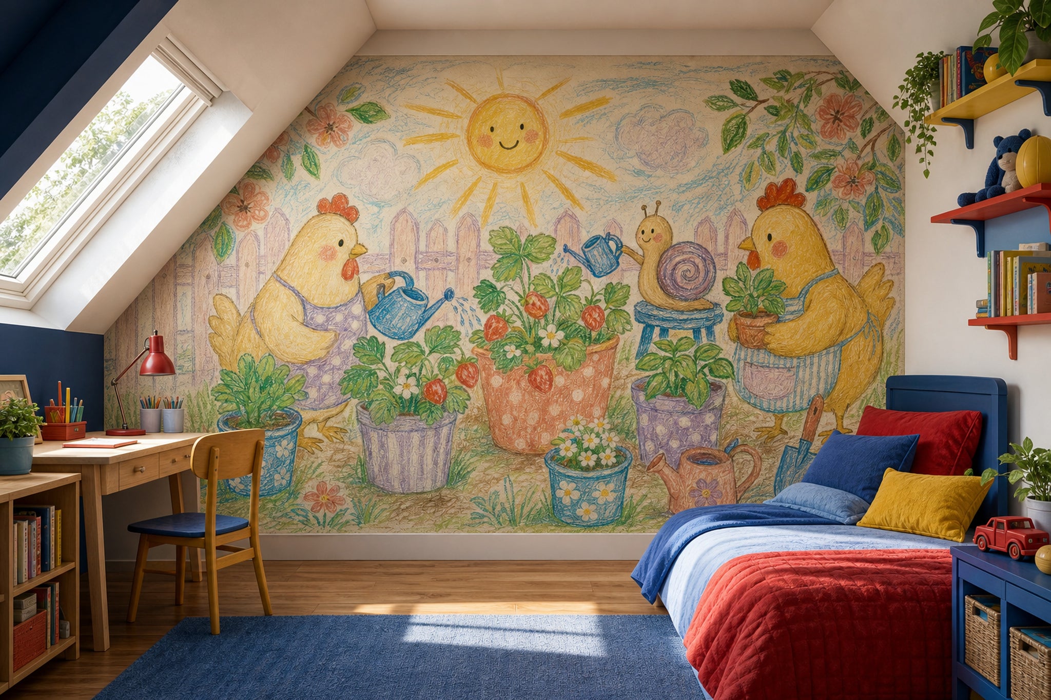 Bright Garden Wallpaper Strawberry Plants Chickens Wall Mural