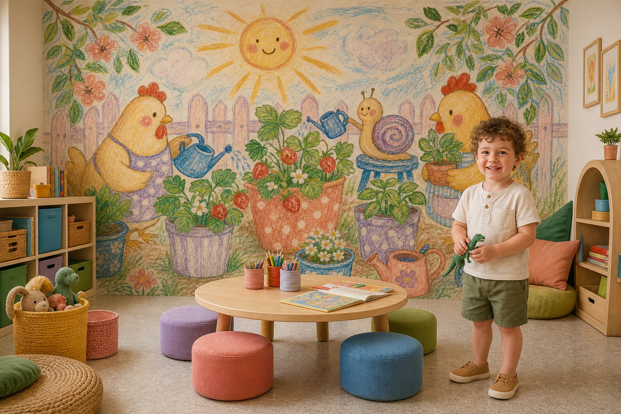 Bright Garden Wallpaper Strawberry Plants Chickens Wall Mural