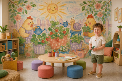 Bright Garden Wallpaper Strawberry Plants Chickens Wall Mural