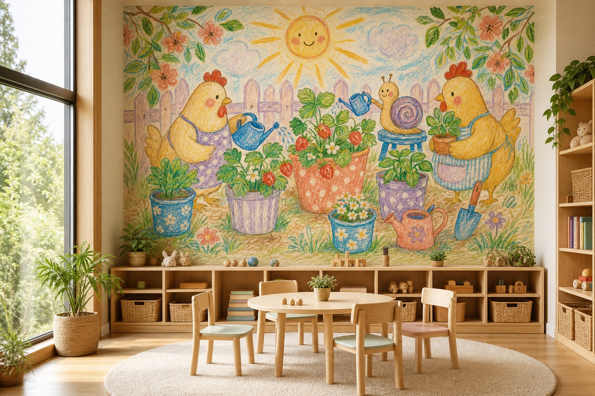 Bright Garden Wallpaper Strawberry Plants Chickens Wall Mural