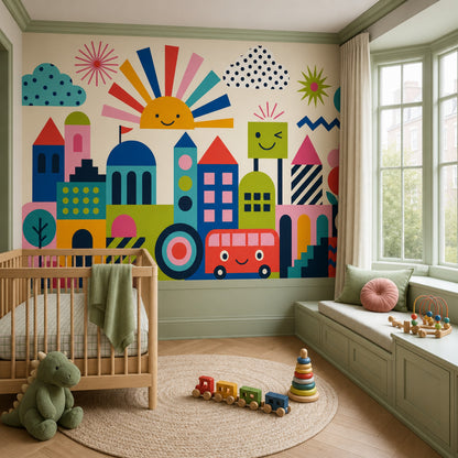 Geometric Cityscape Wallpaper Bright Kids Wallpaper Wall Mural
