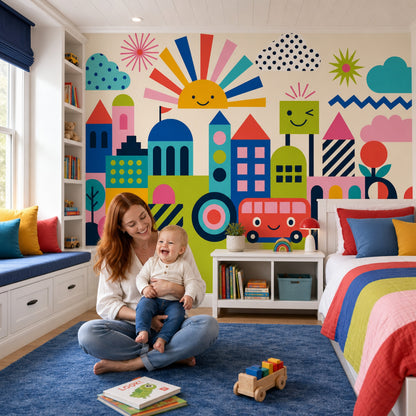 Geometric Cityscape Wallpaper Bright Kids Wallpaper Wall Mural