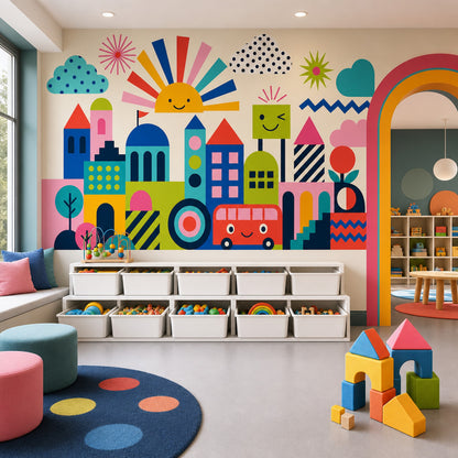 Geometric Cityscape Wallpaper Bright Kids Wallpaper Wall Mural