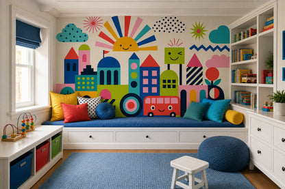 Geometric Cityscape Wallpaper Bright Kids Wallpaper Wall Mural