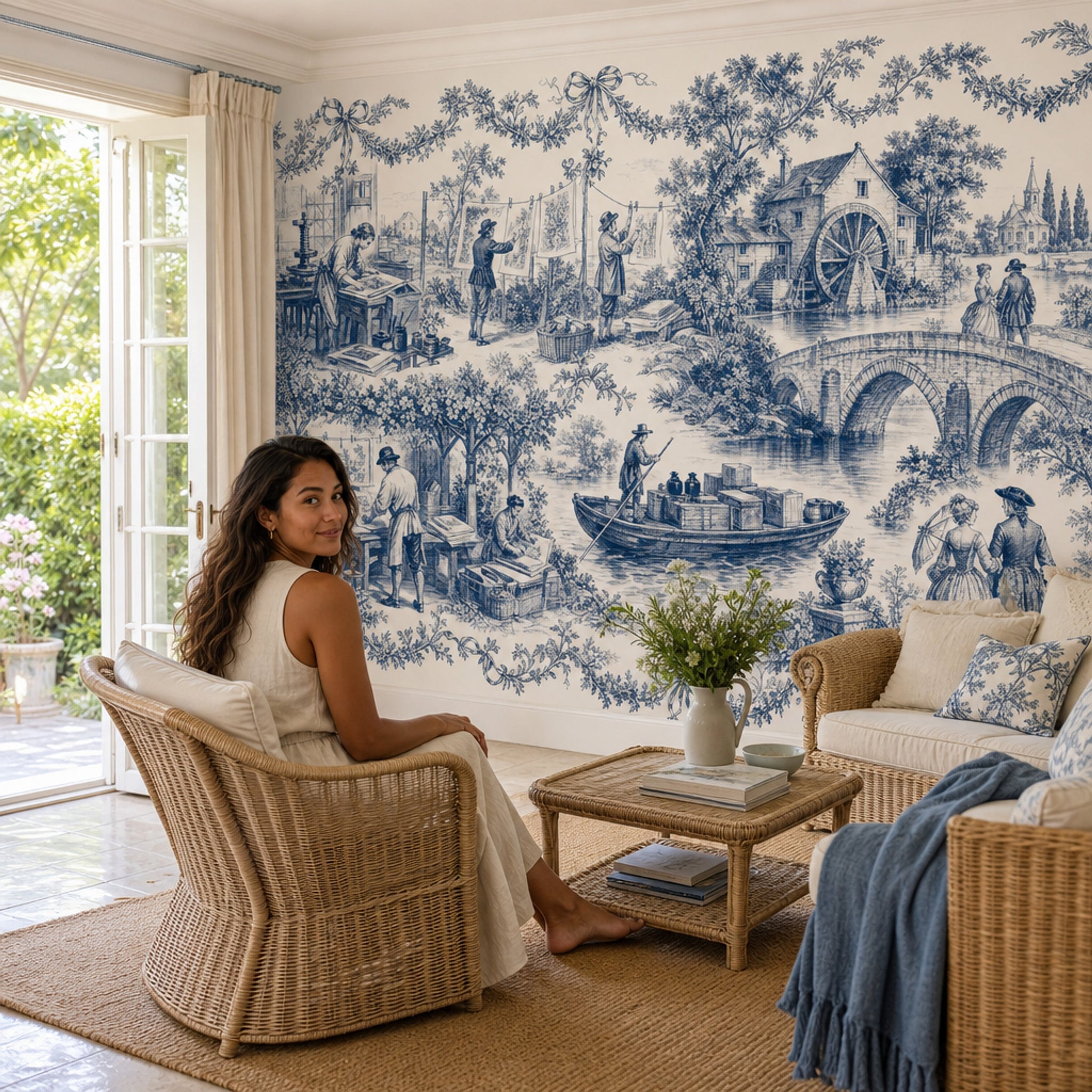 Toile Wallpaper Blue And Cream Pastoral Landscape Wall Mural