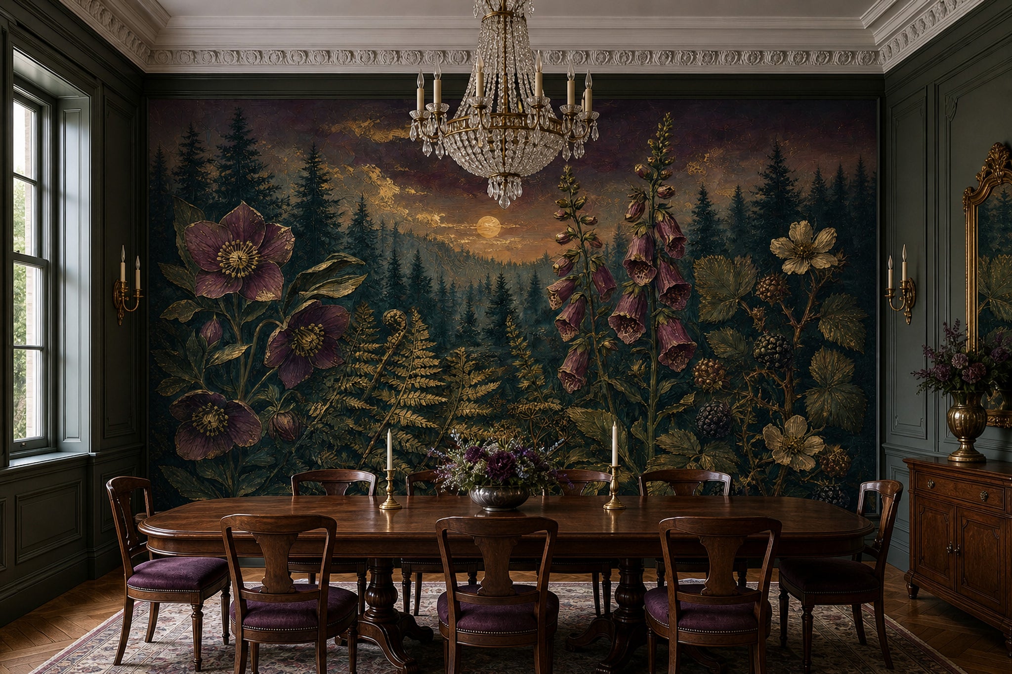 Twilight Forest Wallpaper Botanical Floral Gold Accents Removable Wall Decor