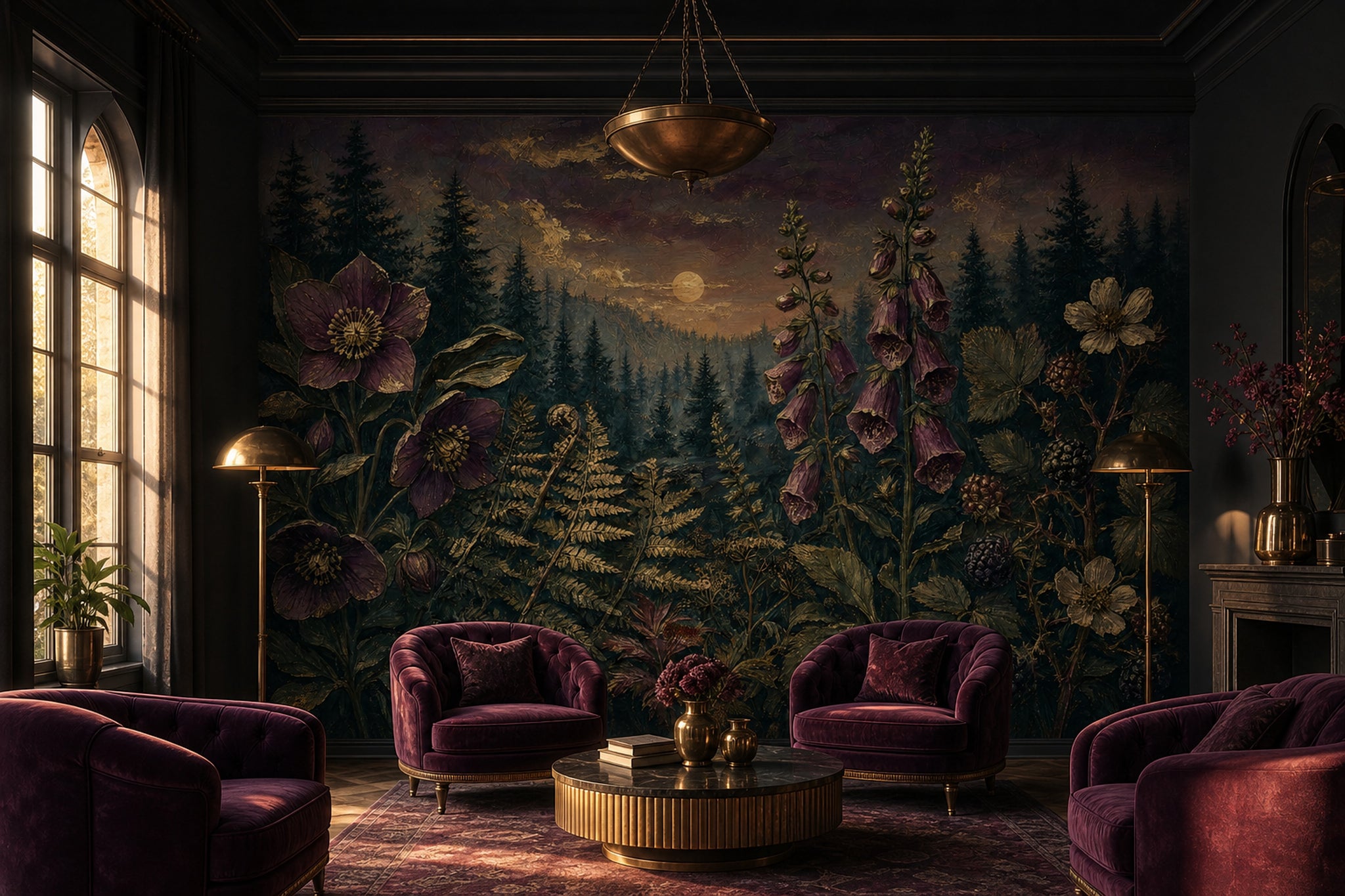 Twilight Forest Wallpaper Botanical Floral Gold Accents Removable Wall Decor