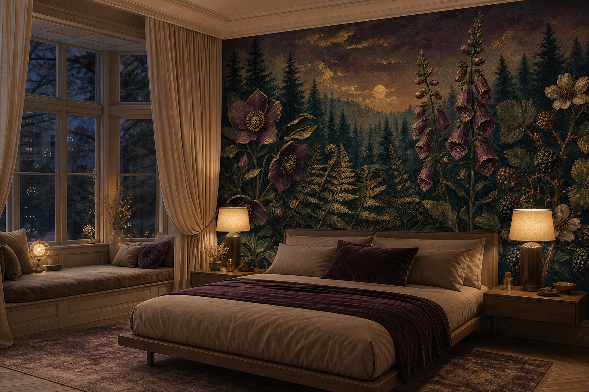 Twilight Forest Wallpaper Botanical Floral Gold Accents Removable Wall Decor
