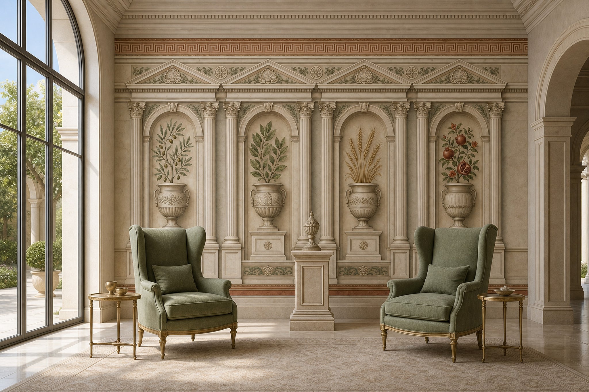 Classical Architecture Wallpaper Arched Niches Greek Key Border Wall Mural