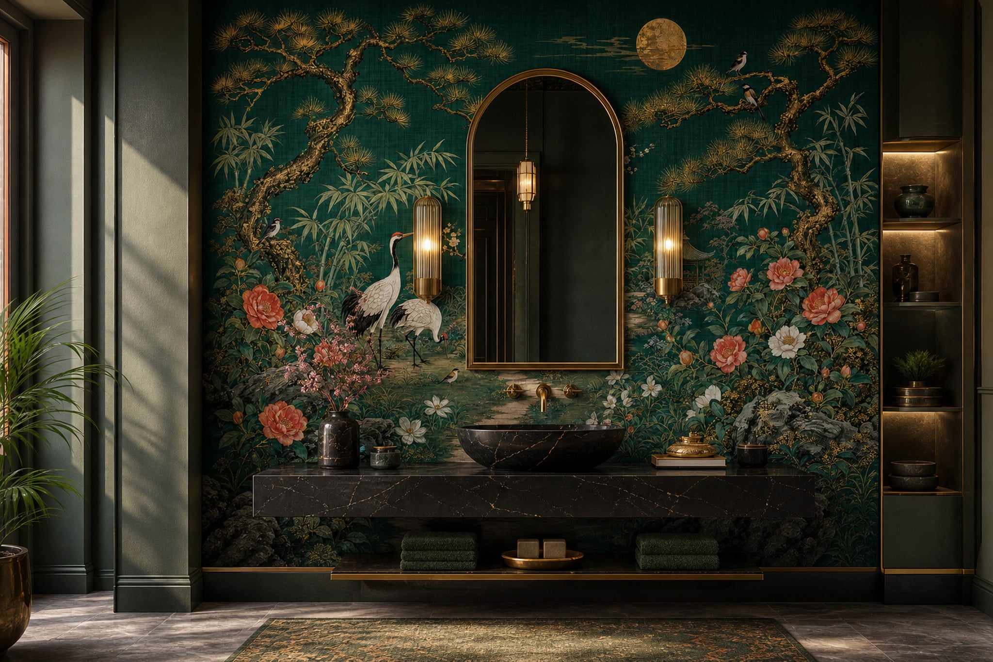 Asian Garden Wallpaper Cranes Removable Peonies Wall Decor