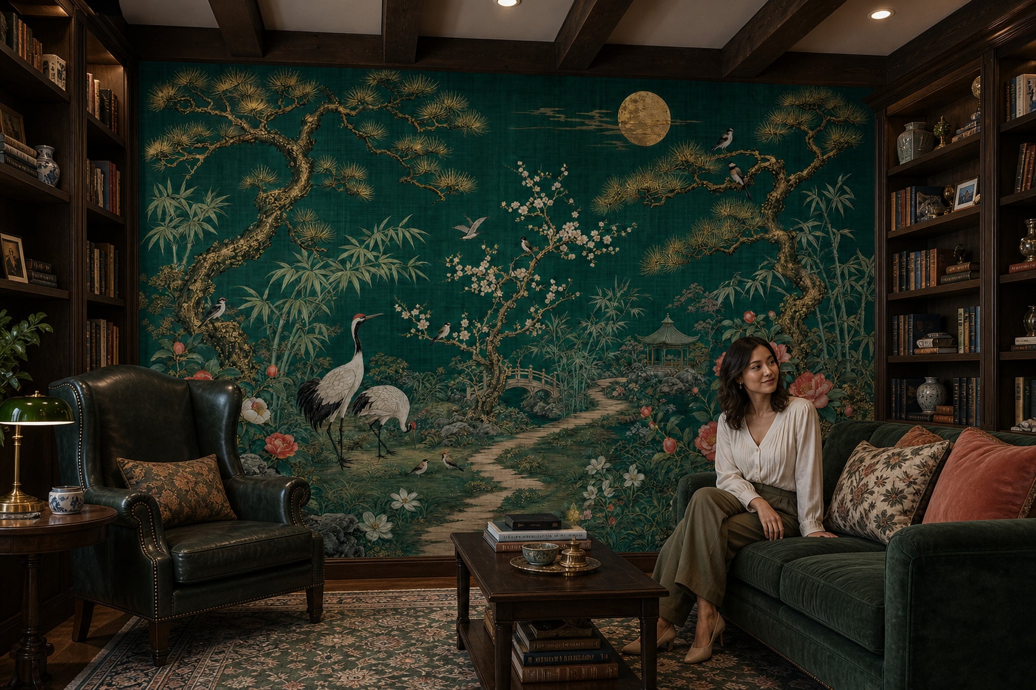 Asian Garden Wallpaper Cranes Removable Peonies Wall Decor