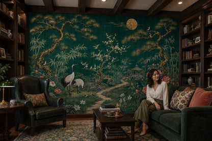 Asian Garden Wallpaper Cranes Removable Peonies Wall Decor