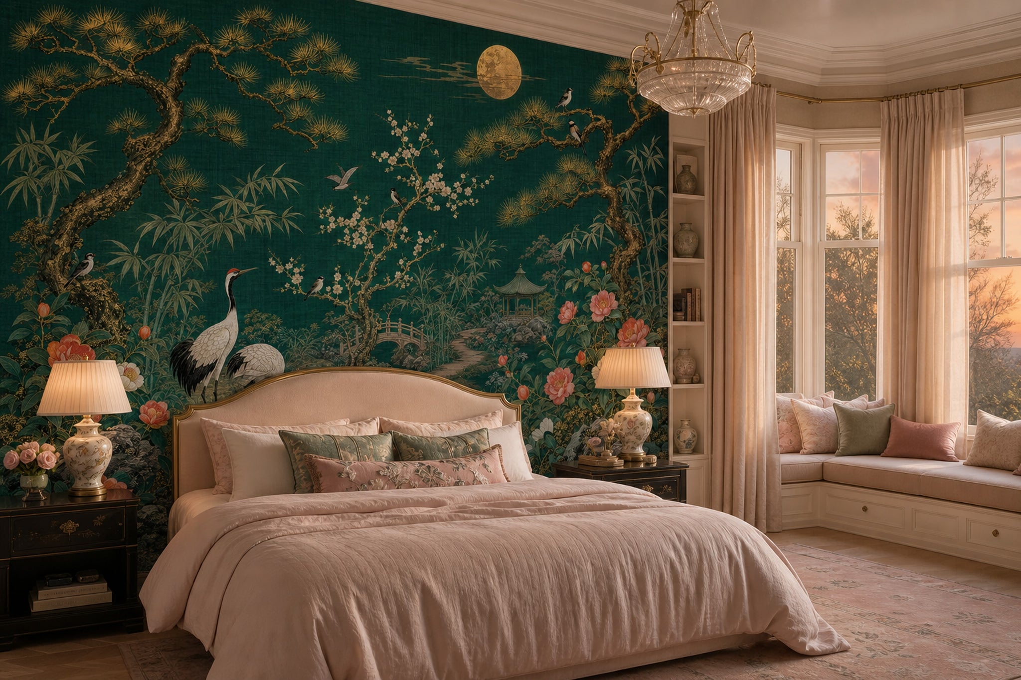 Asian Garden Wallpaper Cranes Removable Peonies Wall Decor