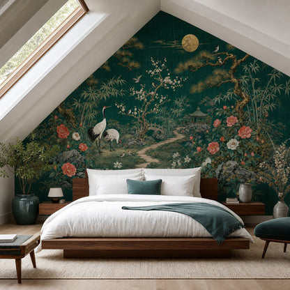 Asian Garden Wallpaper Cranes Removable Peonies Wall Decor