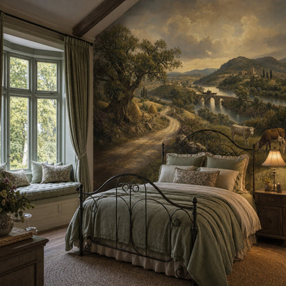 Pastoral Landscape Wallpaper River Valley Stone Bridge Removable Wall Decor