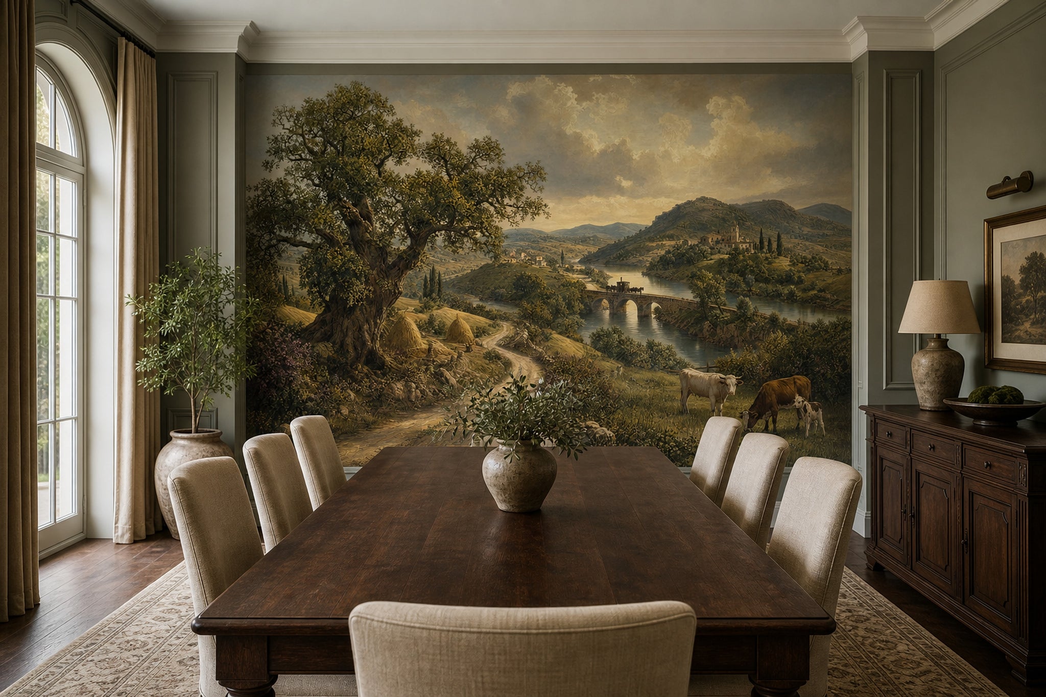Pastoral Landscape Wallpaper River Valley Stone Bridge Removable Wall Decor