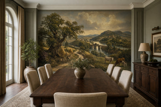 Pastoral Landscape Wallpaper River Valley Stone Bridge Removable Wall Decor