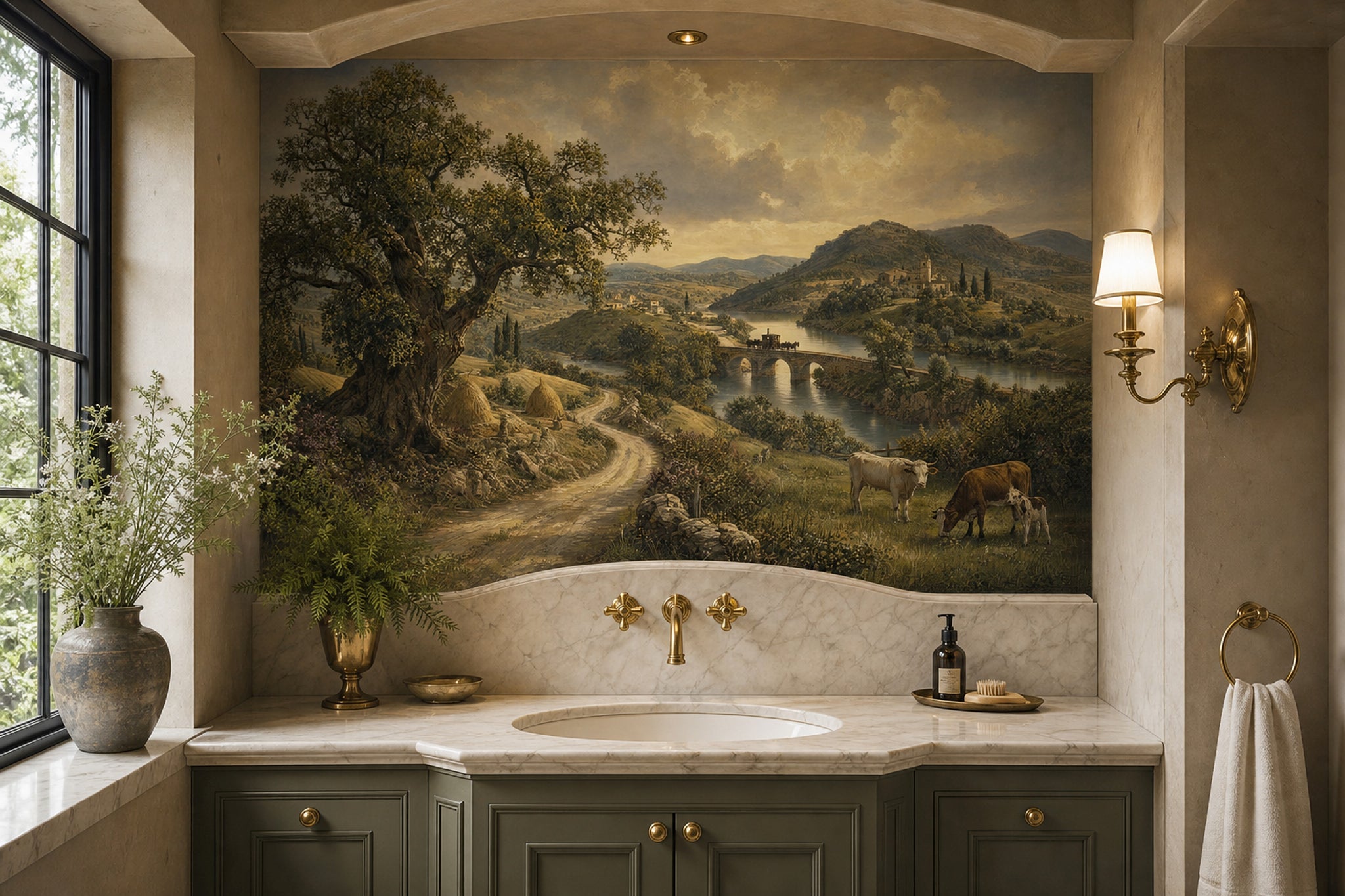 Pastoral Landscape Wallpaper River Valley Stone Bridge Removable Wall Decor