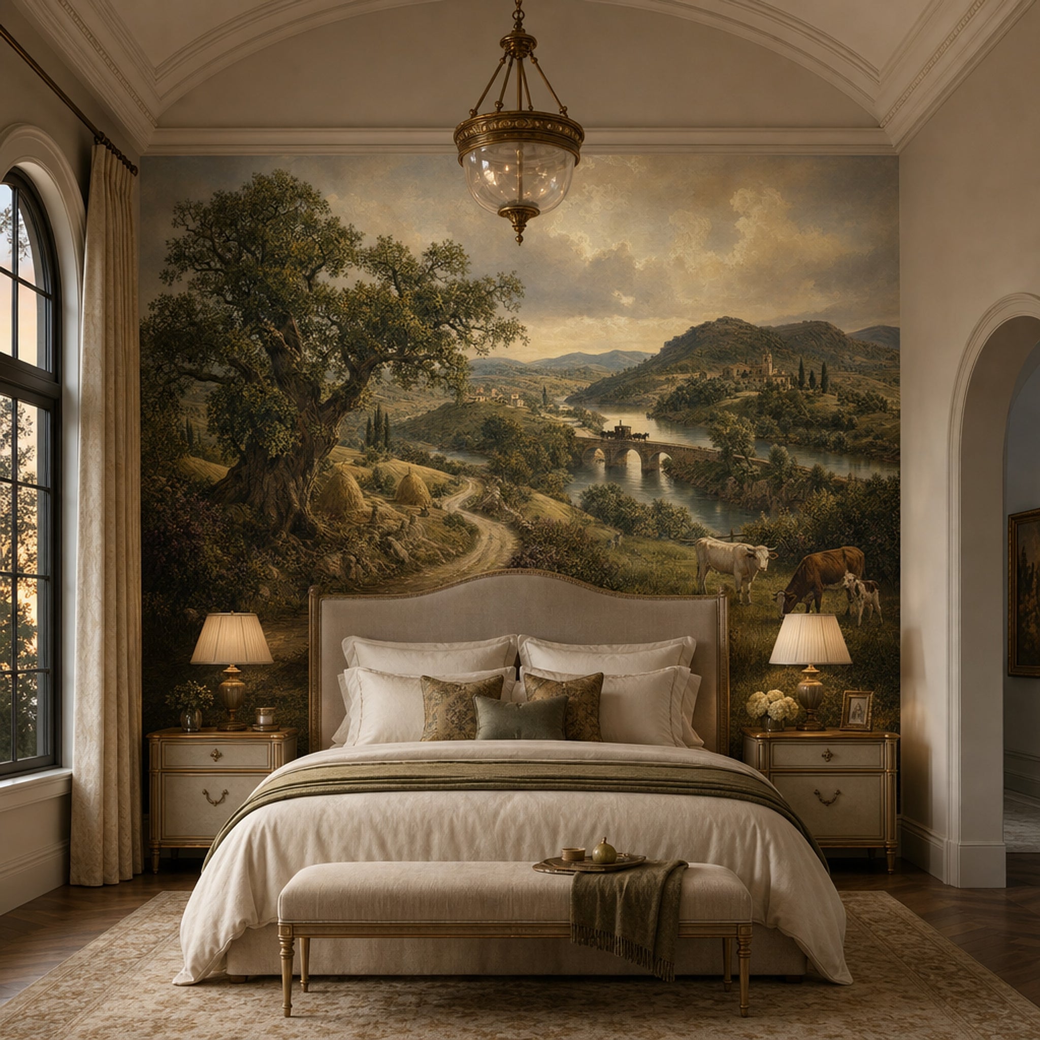 Pastoral Landscape Wallpaper River Valley Stone Bridge Removable Wall Decor