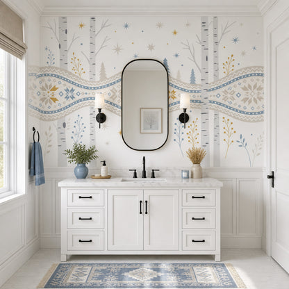Nordic Winter Wallpaper Birch Trees Removable Geometric Snowflake Wall Decor