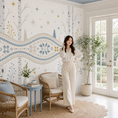 Nordic Winter Wallpaper Birch Trees Removable Geometric Snowflake Wall Decor