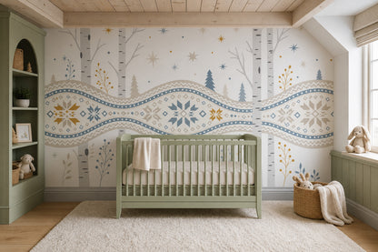 Nordic Winter Wallpaper Birch Trees Removable Geometric Snowflake Wall Decor