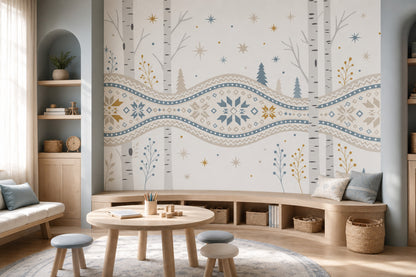 Nordic Winter Wallpaper Birch Trees Removable Geometric Snowflake Wall Decor