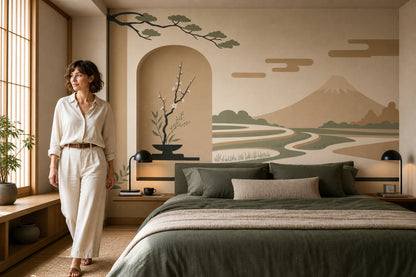 Japanese Inspired Wallpaper Minimal Landscape Mountain Removable Wall Decor