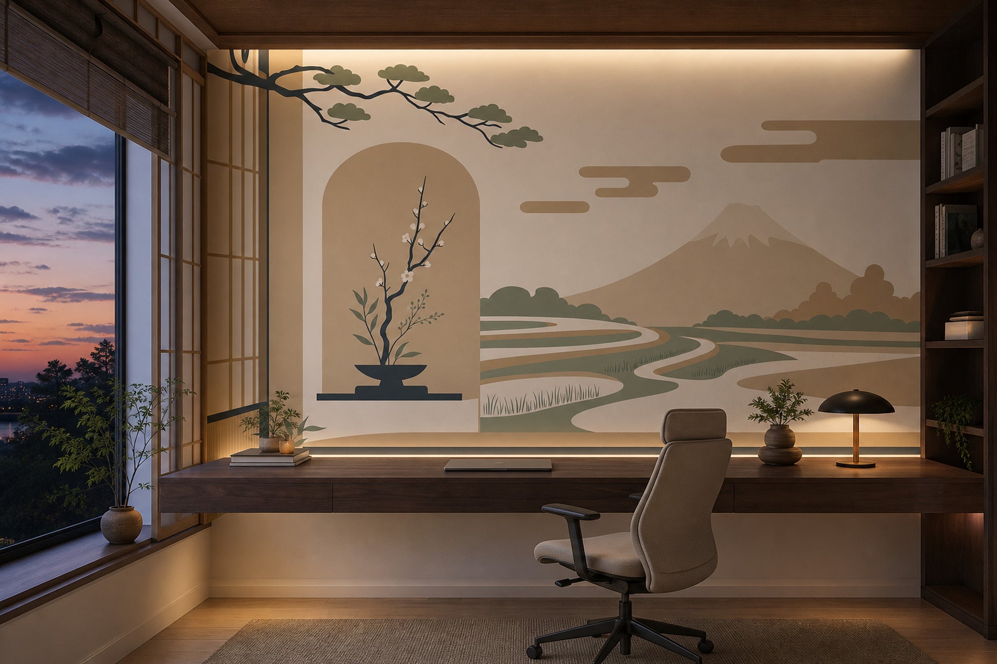 Japanese Inspired Wallpaper Minimal Landscape Mountain Removable Wall Decor